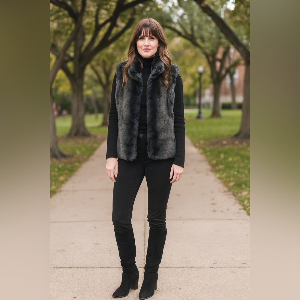 KRISTEN BLAKE Women's sz M Grey Faux Fur Vest Jacket Winter Holidays Mob wife